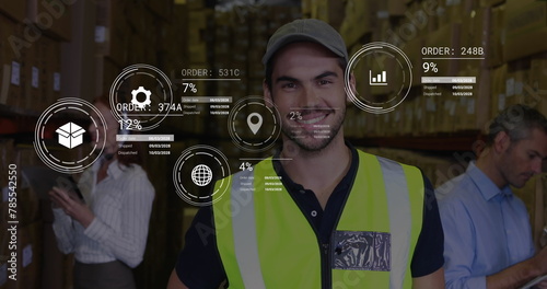 Image of data processing against portrait of caucasian male worker smiling at warehouse