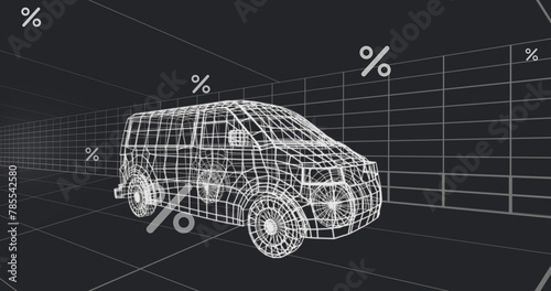 Image of multiple percentage symbols over 3d van model moving in seamless pattern in a tunnel