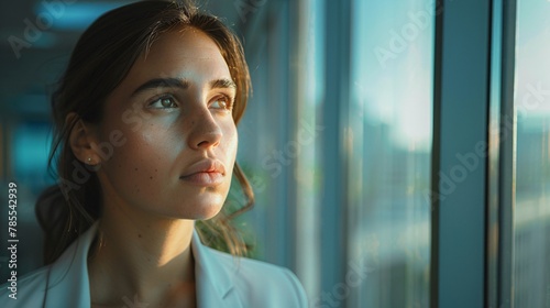 Young brunette businesswoman deep in thought in front of her office window