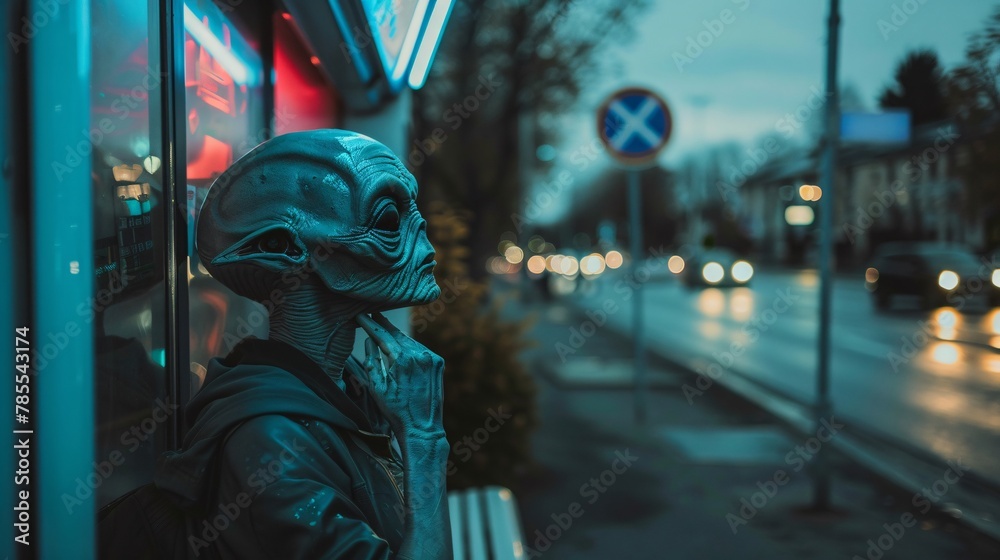 Cinematic photo of a friendly extraterrestrial waiting at a futuristic bus stop, their expression serene as they prepare for another day of intergalactic commute 02