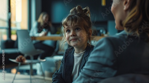 Cinematic photo of a suited businesswoman with the spirit of a young child, engaging in a brainstorming session with colleagues in a modern office space, her fresh perspective sparking creativity