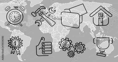 Image of business icons over world map on grey background
