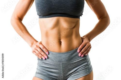 Close-up view of a fit woman's torso with well-defined abs, showcasing fitness and health
