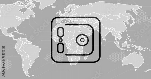 Image of financial icons over world map on grey background