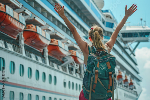 An excited traveler with a backpack stands with raised arms in front of a large cruise ship, ready for a new adventure