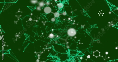 Image of molecular structures over networks of connections on green background