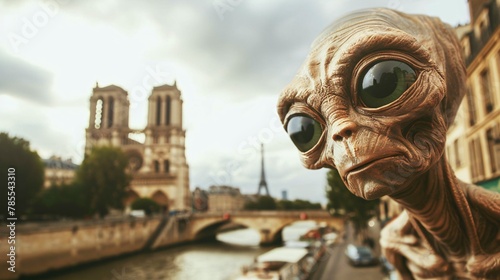 Cinematic photo of a friendly extraterrestrial enjoying a leisurely boat cruise along the Seine River in Paris, with historic landmarks like Notre Dame Cathedral softly blurred in the background