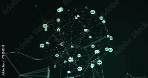 Image of network of connections with symbols on black background © vectorfusionart