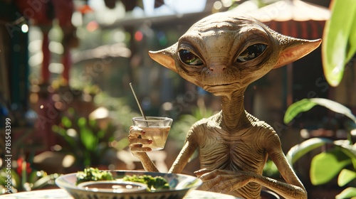Cinematic photo of a friendly extraterrestrial enjoying a refreshing iced tea on a sunny day, with a quaint teahouse in the background and lush greenery all around