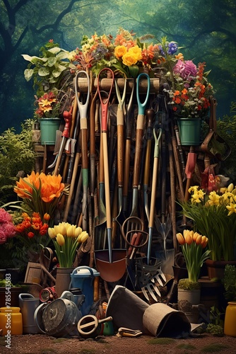 Artistic Garden Tools Ensemble in a Verdant Setting © miriam artgraphy