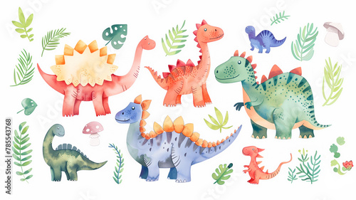 a set of watercolor illustrations of funny cartoon dinosaurs on a white background