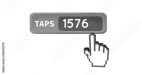 Image of numbers changing and taps text in grey banner with finger pointing on white background