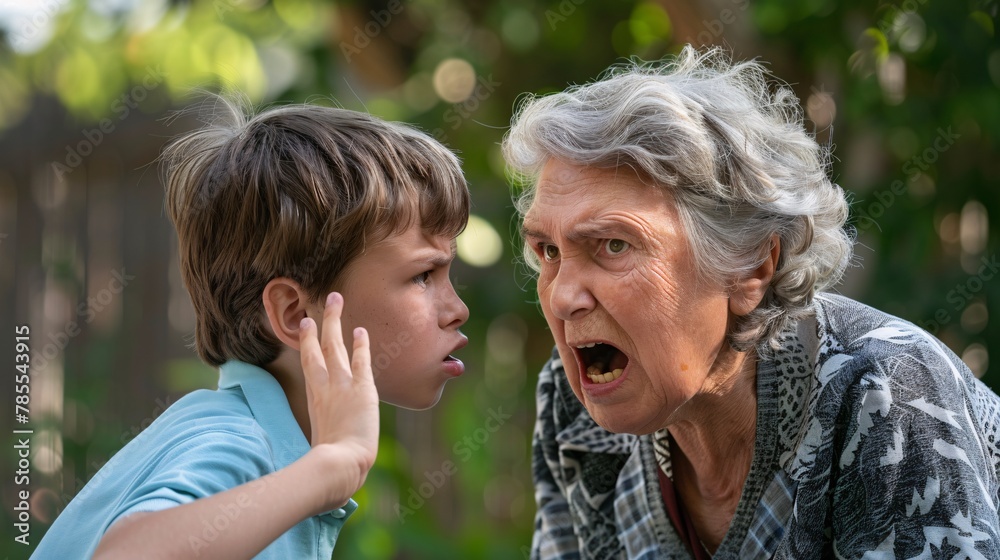 Grandmother annoyed by her grandson misbehaving and mocking her Grandmother annoyed by her grandson misbehaving and mocking her