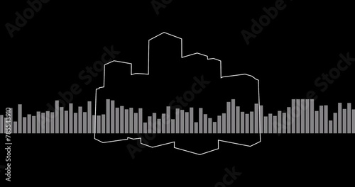 Digital image of music equalizer over tall buildings against black background