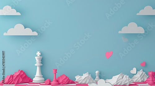A chessboard at the end of a game, one side with a king standing tall surrounded by pawns, the other with a toppled king, visual metaphor for strategic success and defeat, papercut style photo