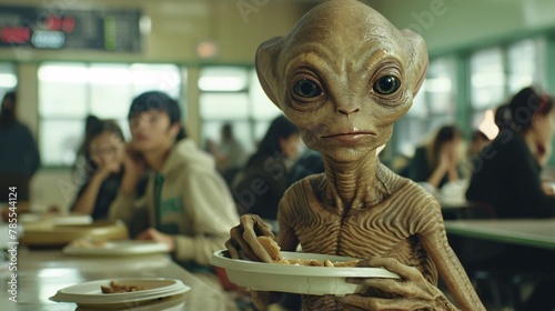 Cinematic moment of an amiable extraterrestrial sharing a snack with their classmates during lunchtime, the cafeteria buzzing with conversation and the clatter of trays 01 photo