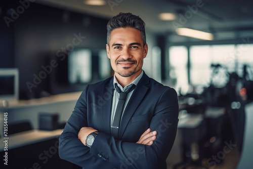 Portrait of a businessman standing with his arms crossed in a modern office building