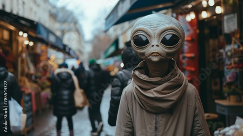 Cinematic moment of a friendly alien soaking in the vibrant atmosphere of a bustling street market in Paris, with colorful stalls and lively vendors softly blurred in the background 01 photo