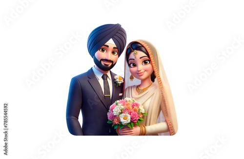 Punjabi Gursikh Young Couple In Wedding Shoot With Bouquet Flowers Wearing Marriage Attire Turban and Veil Traditional And Formal Clothes photo