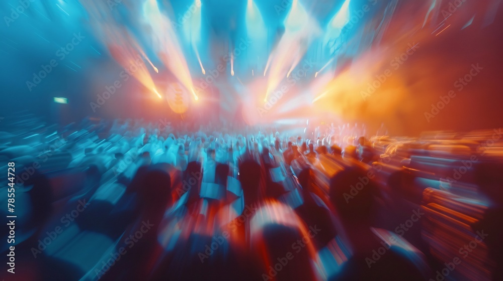 Blurred perspective capturing the anticipation of a concert hall with soft lighting, energetic atmosphere, and distant stage 02