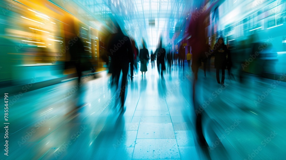 Blurred motion effect portraying the dynamic movement of individuals in a corporate corridor 02 Blurred motion effect portraying the dynamic movement of individuals in a corporate corridor 02