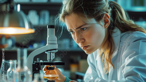 Beautiful blonde female scientist, intently studying  under a microscope in her lab