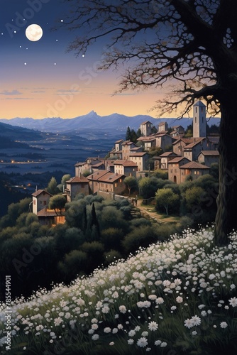 A hilltop covered in nightblooming jasmine, overlooking a hamlet with cozy homes amid pointy cypress trees ,  illustration photo