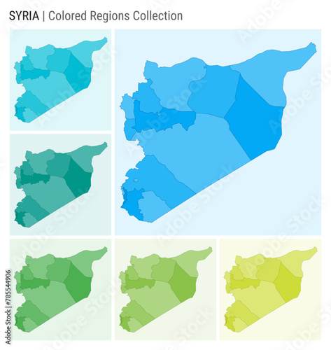 Syria map collection. Country shape with colored regions. Light Blue, Cyan, Teal, Green, Light Green, Lime color palettes. Border of Syria with provinces for your infographic. Vector illustration.