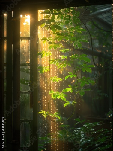 Bright sunlight enters through a window  illuminating a lush forest setting