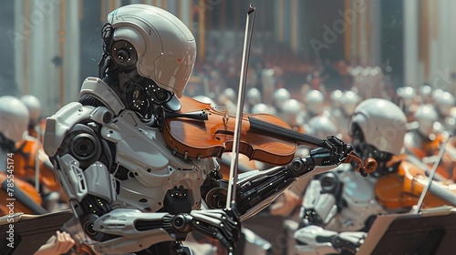An orchestra of robots is playing a beautiful piece of music. photo