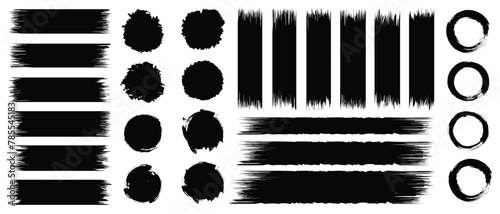 brush strokes:rectangle,square and round freehand drawings.Ink splatters,grungy painted lines,artistic design elements:waves,circles,triangles.Vector paintbrush set.