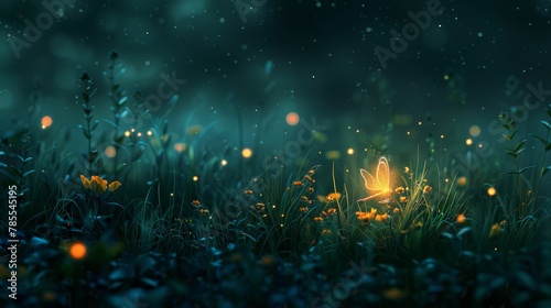 fantasy landscape with a glowing butterfly in a field of flowers photo