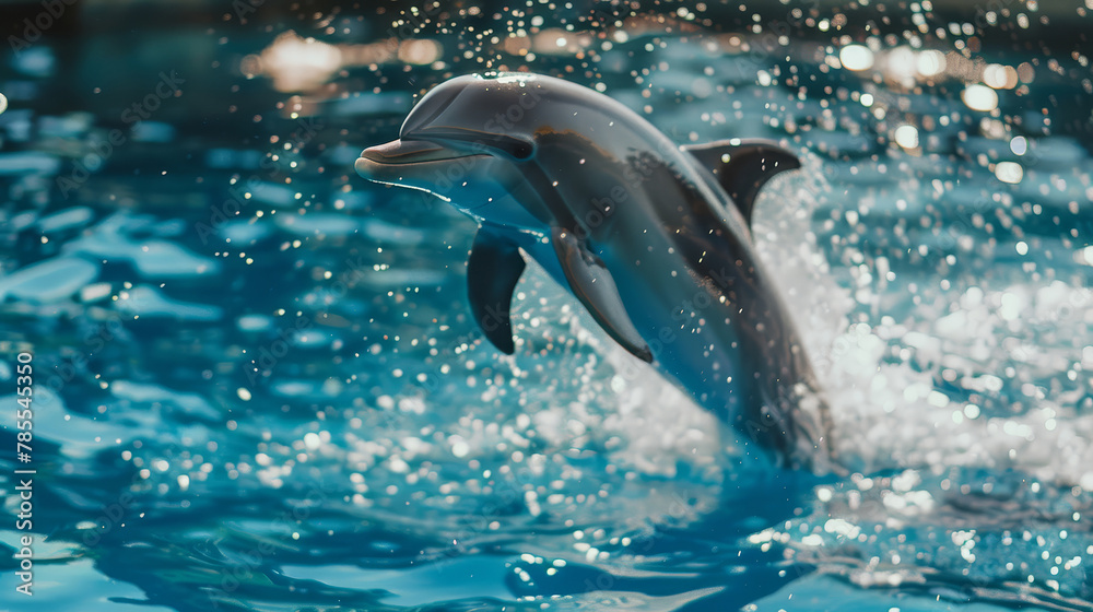 Fototapeta premium a jumping dolphin in pristine, crystal clear waters.