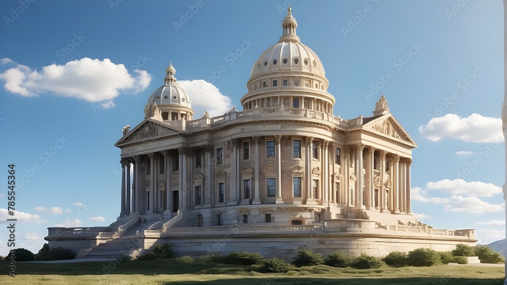 A photorealistic image capturing a historic landmark against the backdrop of a clear blue sky. The scene features detailed architecture of the landmark with intricate textures and realistic lighting t