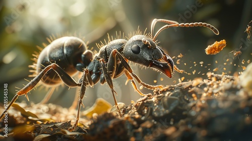 A detailed image of an ant carrying a piece of food. © Sippung