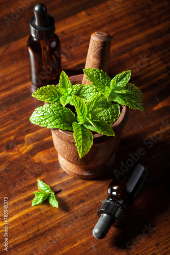 Obraz na płótnie Fresh mint leafs in vintage mortar, essential oil on wooden table w salonie