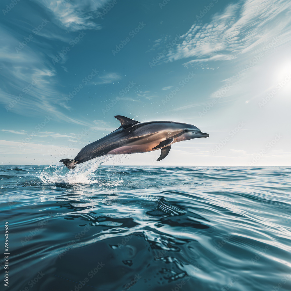 Fototapeta premium a jumping dolphin in pristine, crystal clear waters.
