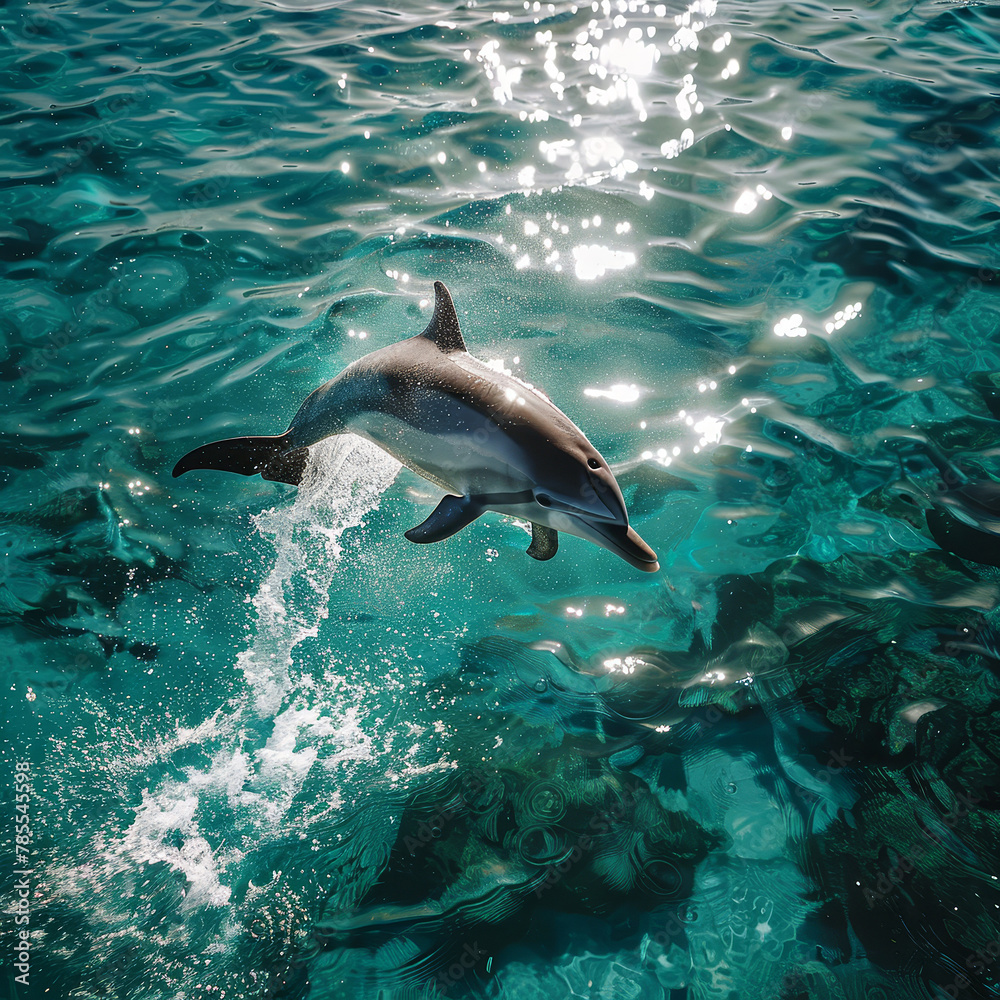 Naklejka premium a jumping dolphin in pristine, crystal clear waters.