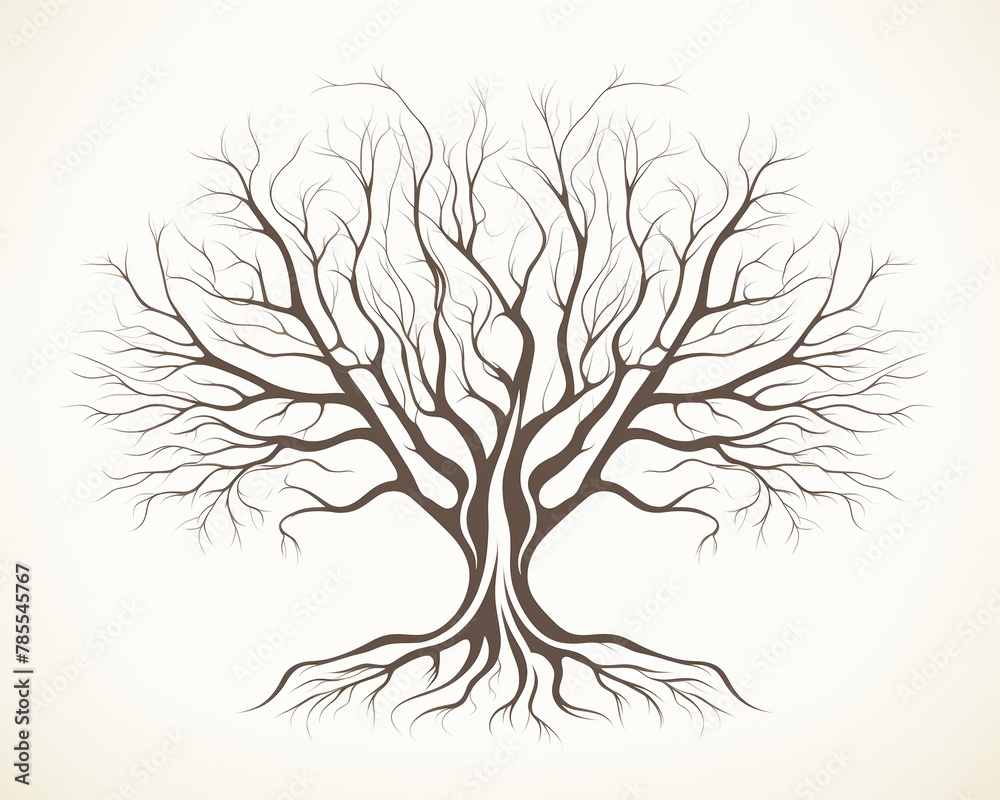 Banyan tree, roots and branches intertwined, single line, symbol of growth, solid white, shadow of connection