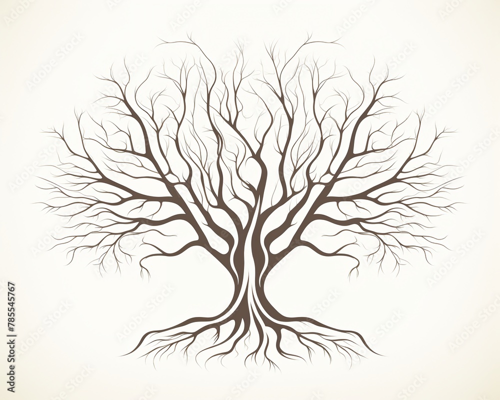 Fototapeta premium Banyan tree, roots and branches intertwined, single line, symbol of growth, solid white, shadow of connection