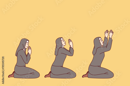 Praying catholic woman in christian cassock and headscarf kneels in different positions during worship in church. Praying nun repents to god for previously committed sins, performing religious ritual