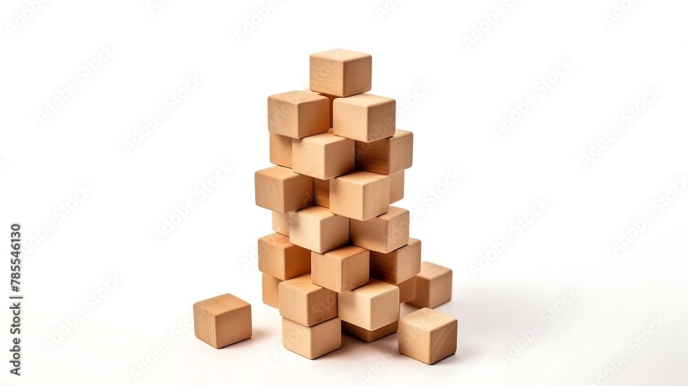 Pyramid of wooden cubes on a white background.