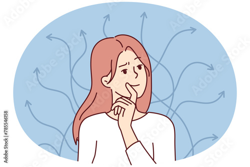 Smart woman touches lips standing near arrows pointing in different directions. Long-haired girl is thinking over ways to achieve goals in personal life or career. Flat vector illustration © drawlab19