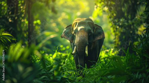 Endangered elephant tropical rainforest amidst lush greenery under threat from deforestation and poaching Realistic sunlight dep photo