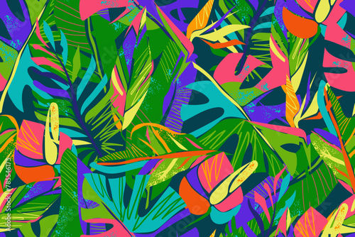 Fototapeta Naklejka Na Ścianę i Meble -  Abstract bright pattern with tropical leaves and flowers on dark background. Colorful leaves of monstera, palm, croton, triostar stromantha and flowers of anthurium, strelitzia. Modern, exotic patter