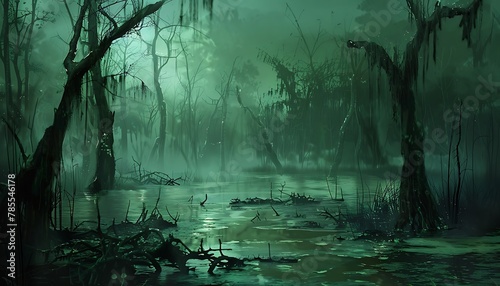 Enveloped in ominous fog, a cursed swamp teems with vengeful spirits and lurking dangers, its eerie atmosphere shrouded in darkness photo