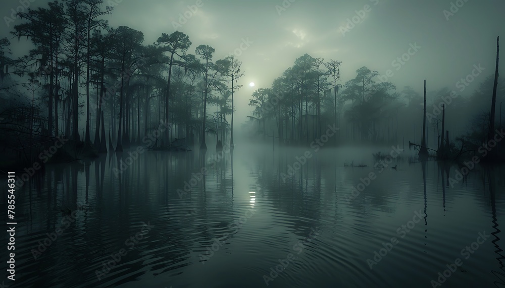Fototapeta premium Enveloped in ominous fog, a cursed swamp teems with vengeful spirits and lurking dangers, its eerie atmosphere shrouded in darkness