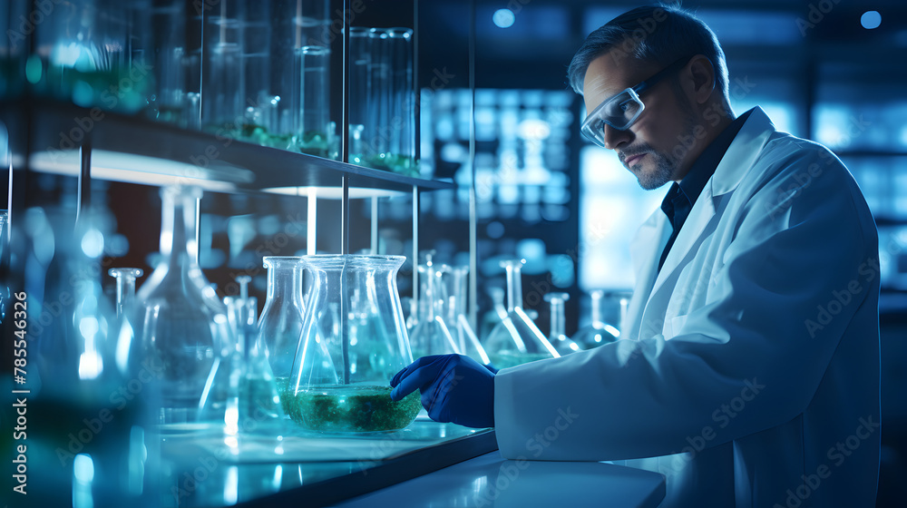 In Laboratory Scientist With Pipette.Test tube of glass overflows new liquid solution potassium blue conducts an analysis 