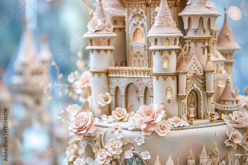 Up-close perspective of a whimsical fairytale wedding cake adorned with fondant castles, enchanted creatures, and cascading sugar flowers, capturing the magic and wonder of a storybook romance 02