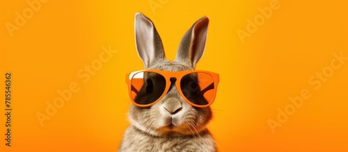 Funny childish rabbit wearing sunglasses on a orange background. Generative AI